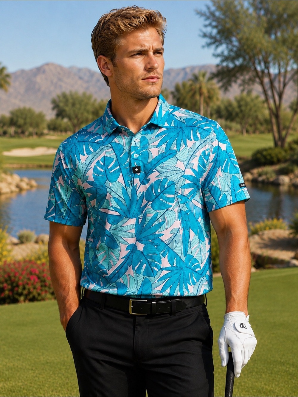 Bad Birdie Golf polo Palmando Palm tree print RARE pattern Large